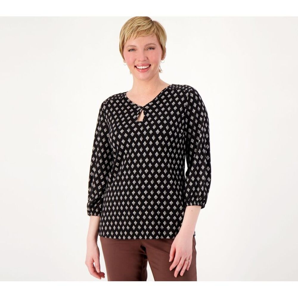Isaac Mizrahi Live! Women's Top Sz XS Printed Sleeve Smocking Black